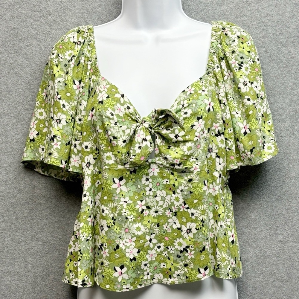 Miss Selfridge Floral Tie Front Babydoll Top Milkmaid Coquette Size 8 Green